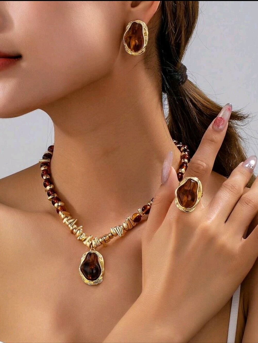 Gold and Brown Resin Pendant Necklace, Earrings & Ring Set - Women Jewelry